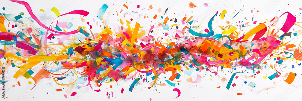 Fototapeta premium Dynamic explosion of colors with ribbons, splashes, and particles on white, vibrant and playful