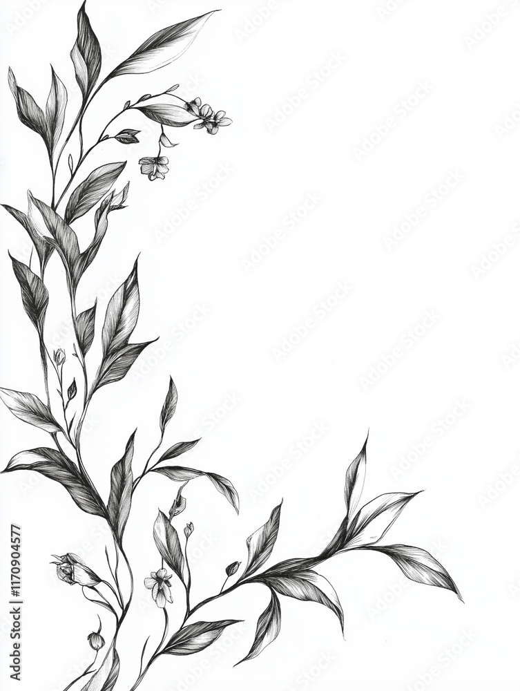 Naklejka premium Black and white botanical drawing of a delicate branch with fine leaves, natural and elegant