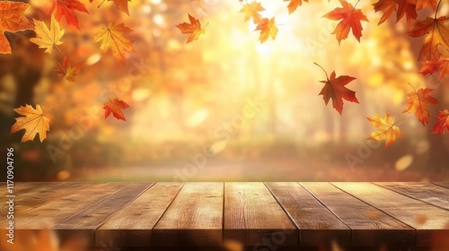 Fall background with a wooden table and fallen autumn leaves in a forest on a sunny day