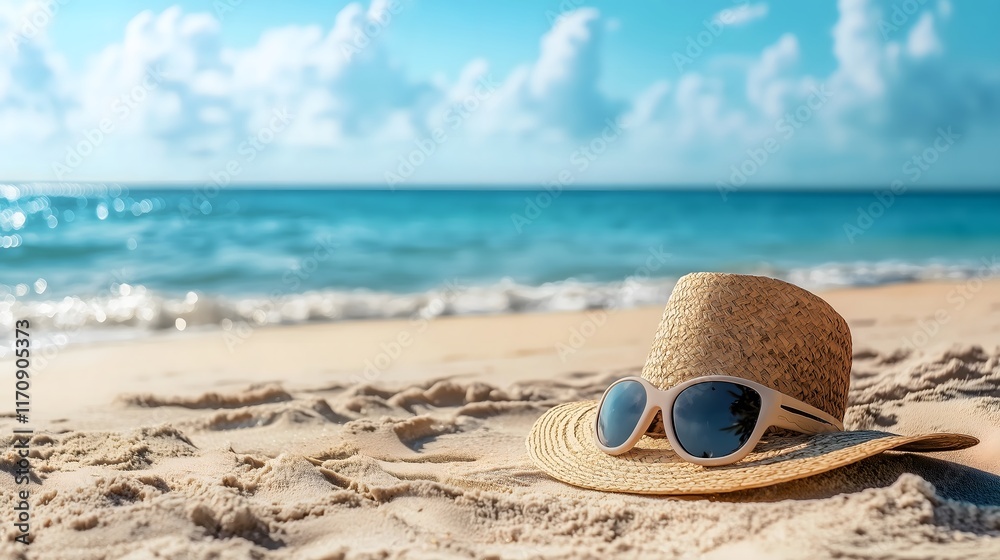 Sun Hat and Sunglasses on Sandy Shore Sun Hat and Sunglasses on Sandy Shore