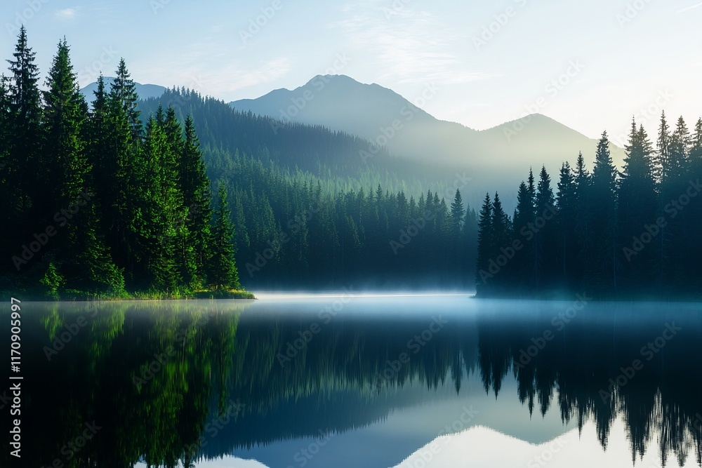 A serene lake reflects mountains and lush pine trees, enveloped in mist, creating a peaceful, picturesque landscape. A serene lake reflects mountains and lush pine trees, enveloped in mist, creating a peaceful, picturesque landscape.