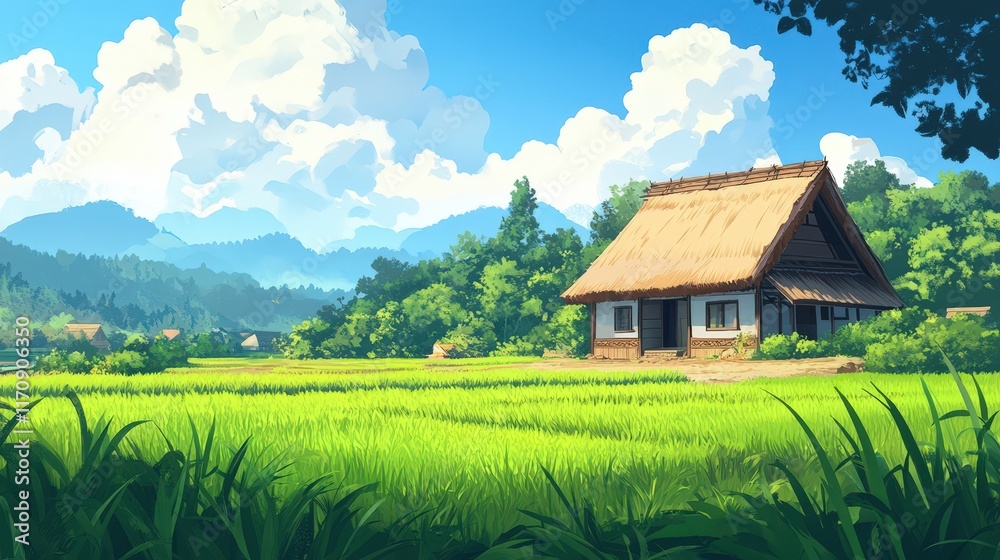 Tranquil Thatched House Amidst Lush Green Rice Paddies Tranquil Thatched House Amidst Lush Green Rice Paddies