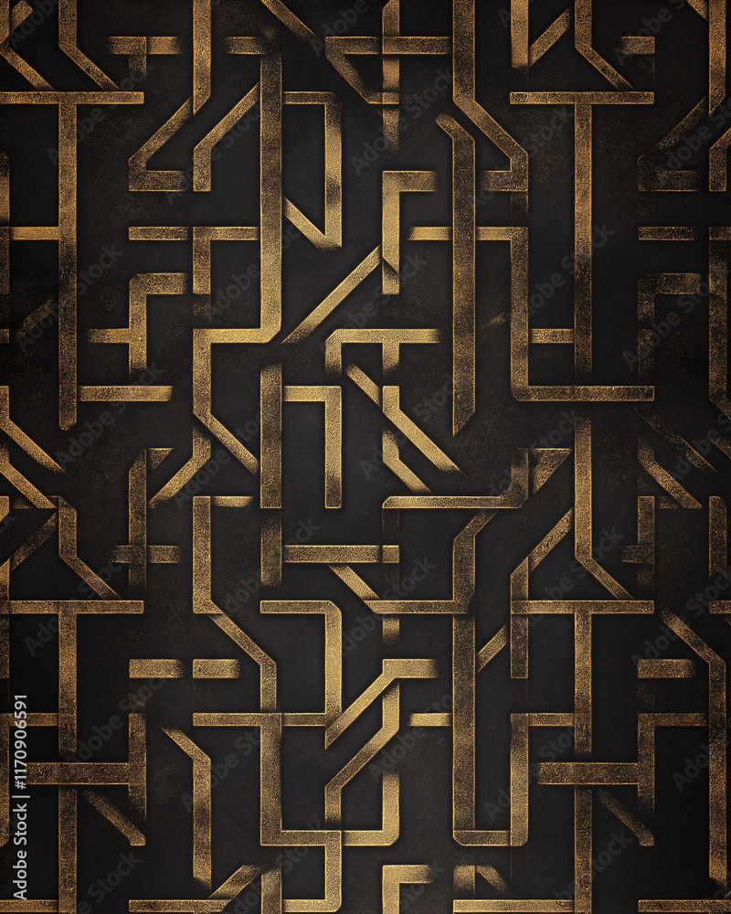 Fototapeta premium Geometric gold maze-like design on a dark textured background, modern and bold
