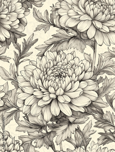Wallpaper Mural Hand-drawn chrysanthemums and foliage in detailed monochrome, classic and botanical Torontodigital.ca