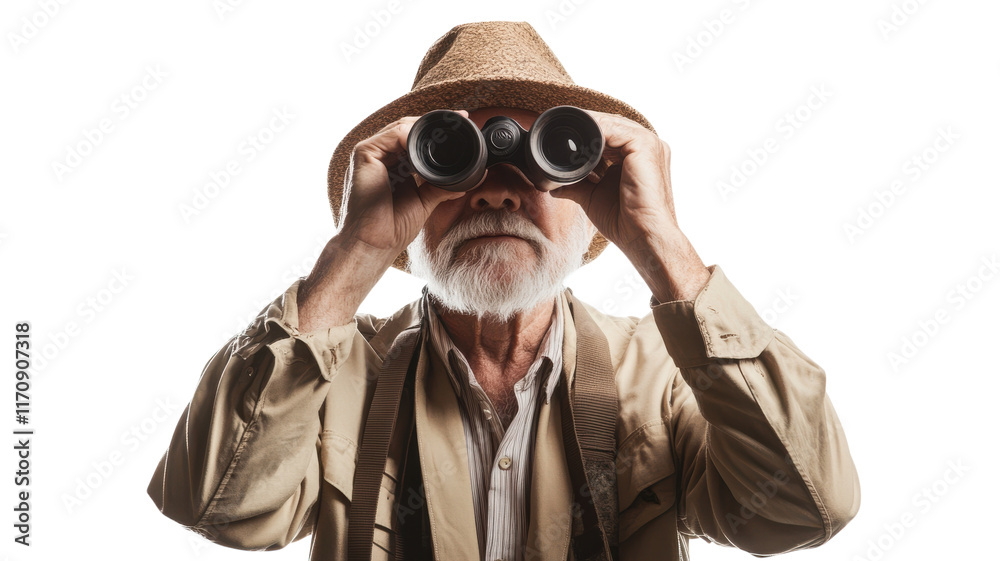 Exploring Nature: An Old Man in a Safari Outfit Using Binoculars for Wildlife Observation and Adventure Enthusiasts. Exploring Nature: An Old Man in a Safari Outfit Using Binoculars for Wildlife Observation and Adventure Enthusiasts.