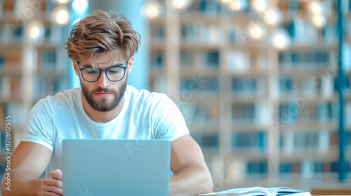 A smiling businessman working on a laptop in a casual office setting at the park, using wireless internet to communicate and stay productive photo