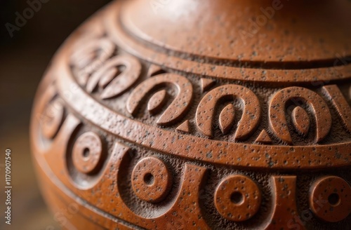 close-up of textured ceramic pot with intricate geometric patterns. warm earthy tones enhance artisanal beauty. concept of craftsmanship and tradition. home decor element, antique cultural art