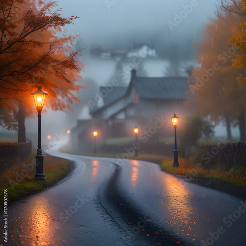 A picturesque winter scene showcasing a charming alpine village nestled in a snowy mountain landscape at night fogy village & nature photo