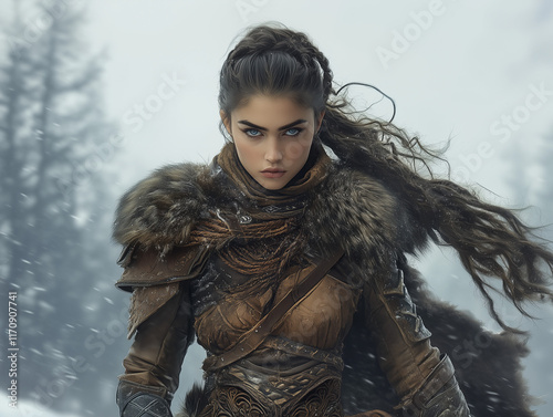 Beautiful female Viking warrior with piercing eyes and flowing long hair clad in leather and fur armour, standing confidently against a snowy landscape. photo