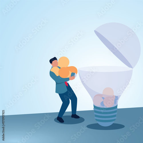 A man carries many idea lamps to put into bulb. Illustration for creating new ideas, creation and problem solving.