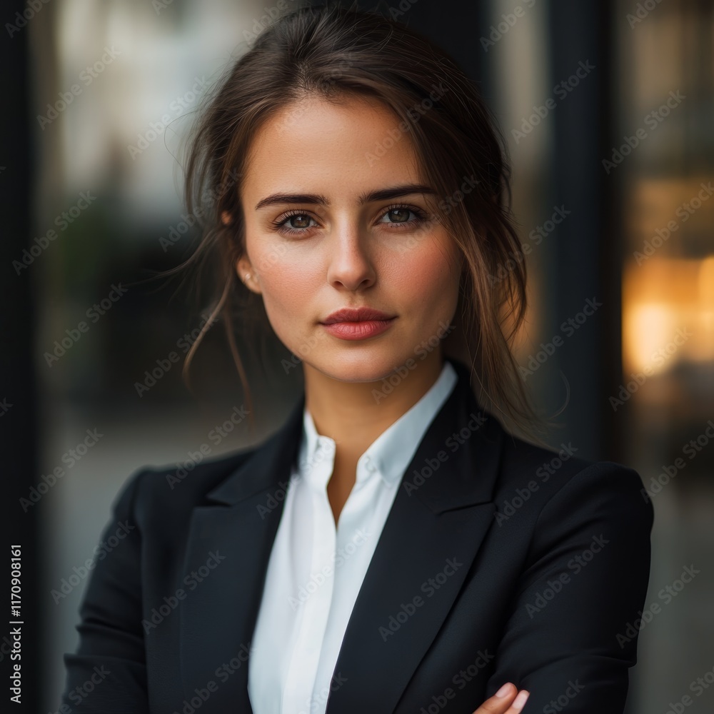 A woman in a business suit is standing in front of a window A woman in a business suit is standing in front of a window