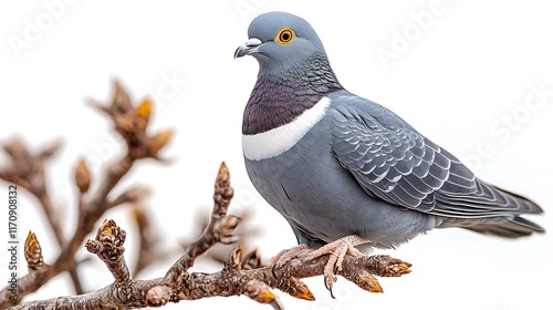 Bandtailed Pigeon Patagioenas fasciata elegant gray pigeon a white neck band and yellow bill perched delicately on a twig against a white background photo