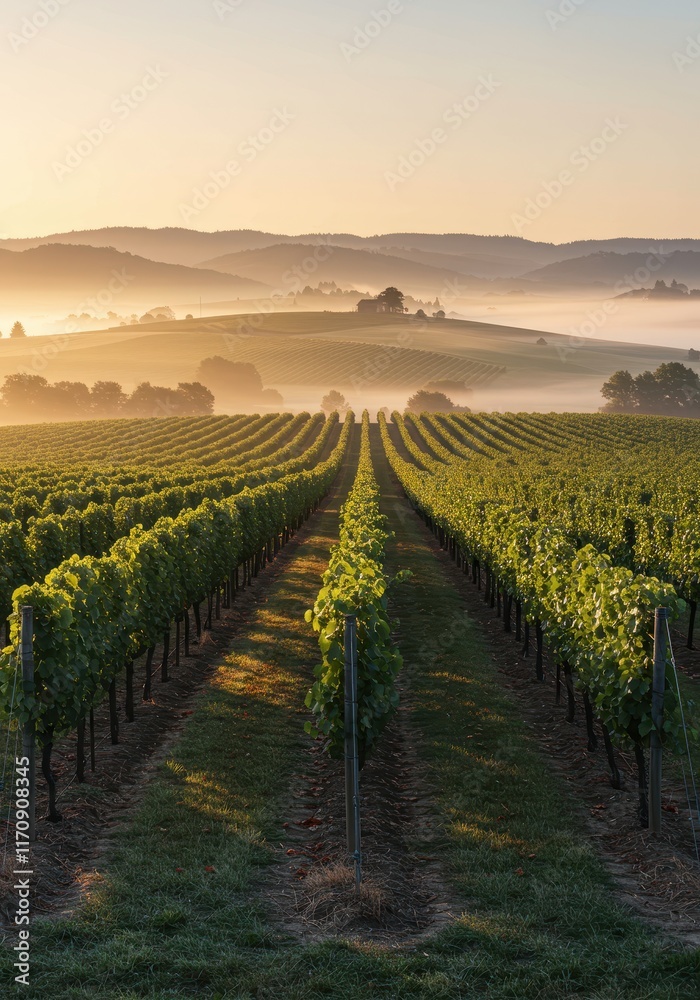 Fototapeta premium Golden sunrise over vineyard rows: tranquil morning in scenic countryside landscape