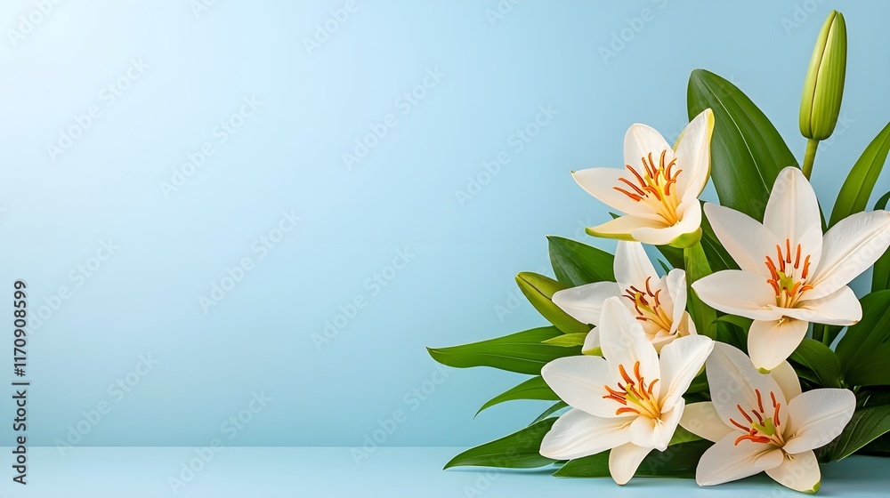 Obraz premium Elegant white lilies on a soft blue background for floral design