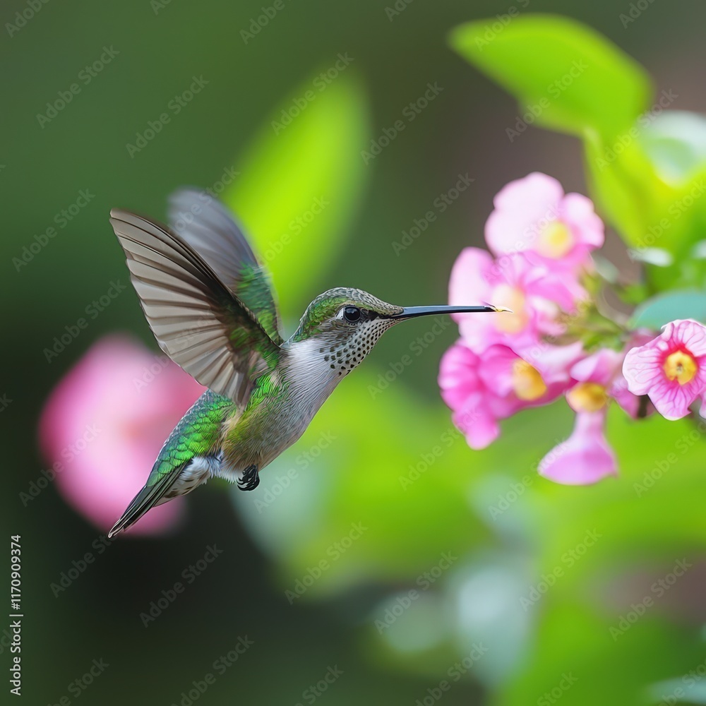 Fototapeta premium Hummingbird dancing among vibrant blossoms in a sunlit garden