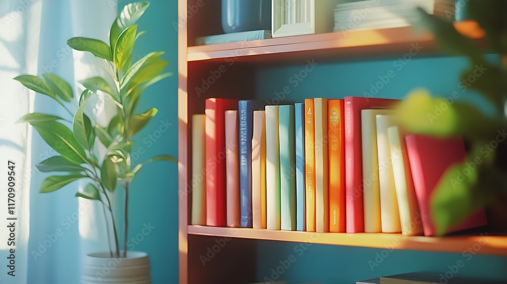 Colorful books arranged neatly on a wooden shelf Colorful books arranged neatly on a wooden shelf