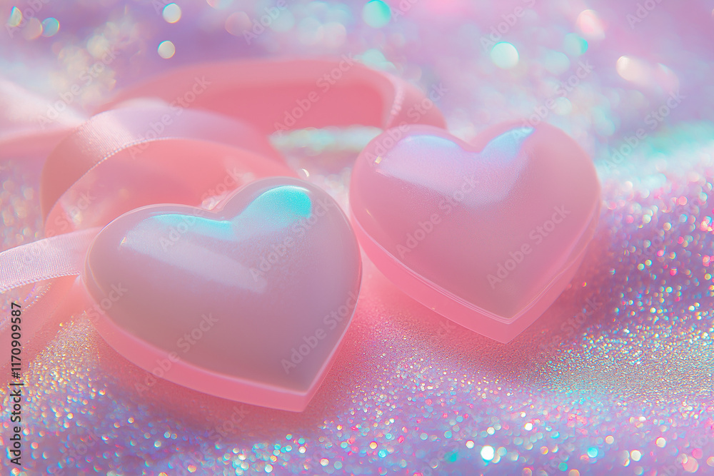 Obraz premium Zwei zarte Herzformen auf glitzerndem Pastellhintergrund.