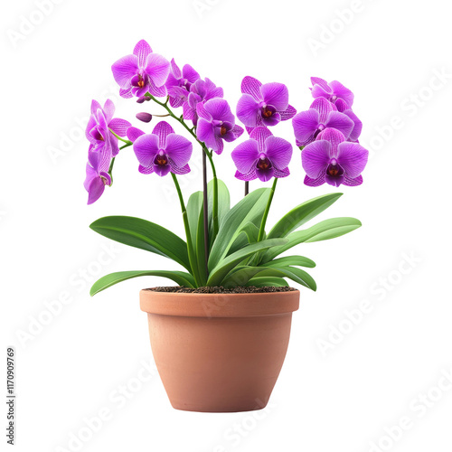 Vibrant Orchid Plant in Clay Pot on Transparent Background
