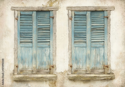 Two blue shutters on a white wall photo