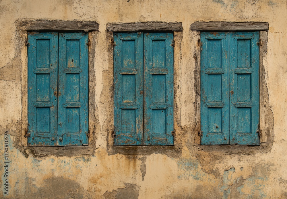 Three blue windows with wooden frames sit on a wall Three blue windows with wooden frames sit on a wall