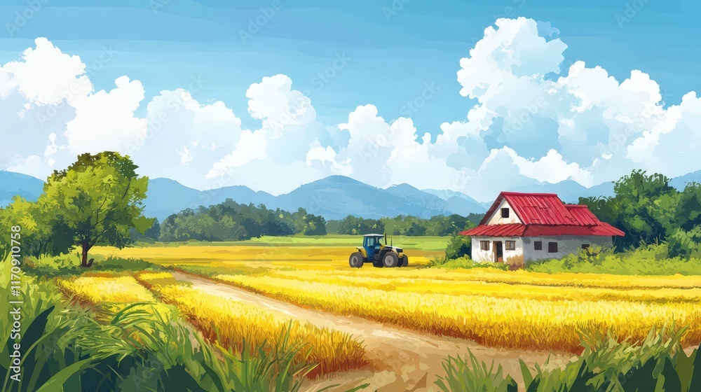 Tranquil Farm Scene With Tractor And House Tranquil Farm Scene With Tractor And House