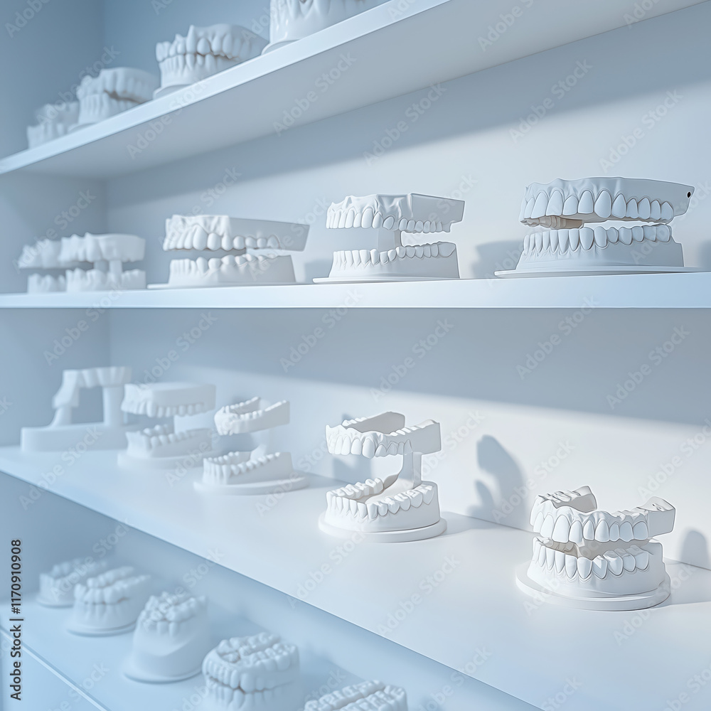 Cabinet with orthodontic casts arranged on shelves in a bright, sterile environment.