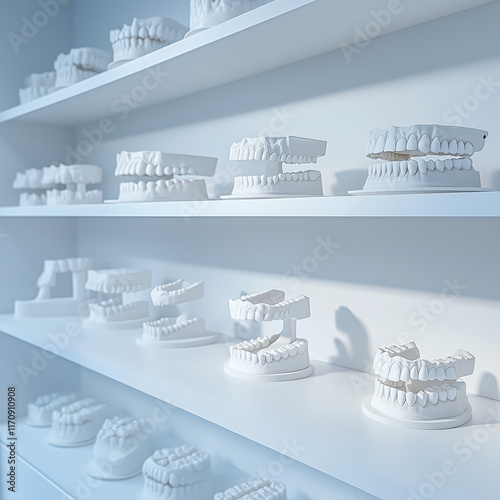 Obraz na płótnie Cabinet with orthodontic casts arranged on shelves in a bright, sterile environment. w salonie