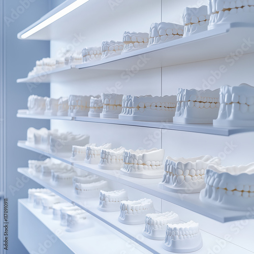 Cabinet with orthodontic casts arranged on shelves in a bright, sterile environment.