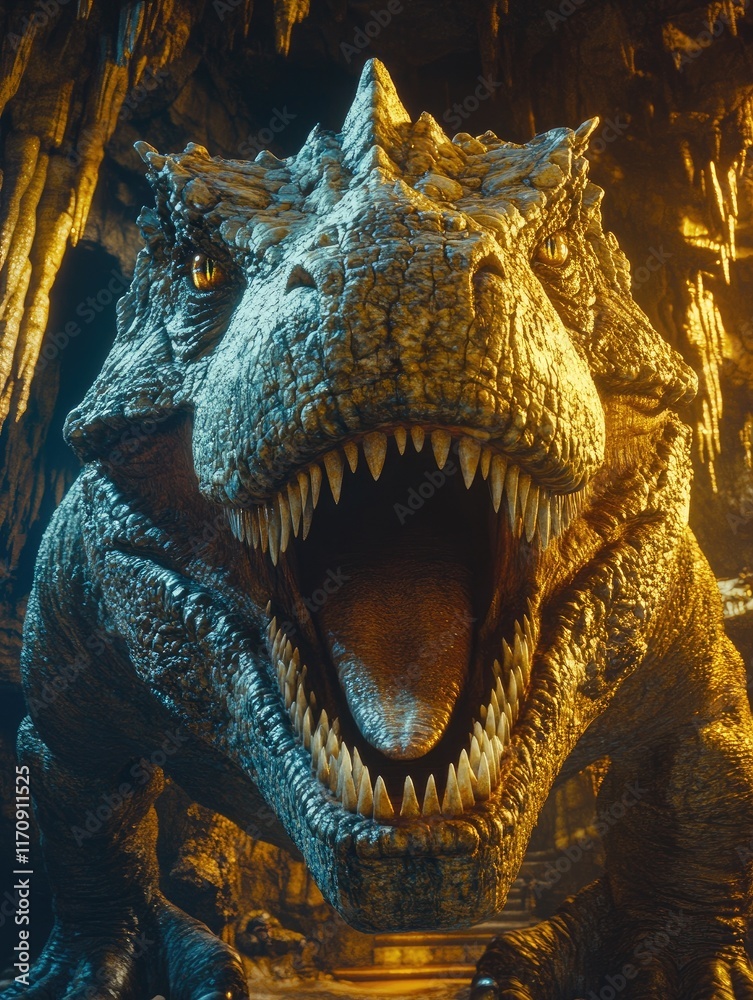 Fototapeta premium A fierce dinosaur with an open mouth, set in a dramatic cave environment.