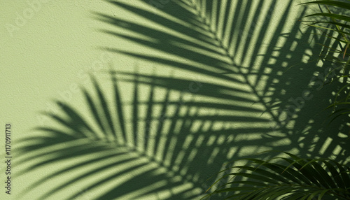 Soft green palm leaf shadows cast on a textured wall, evoking a serene tropical vibe.