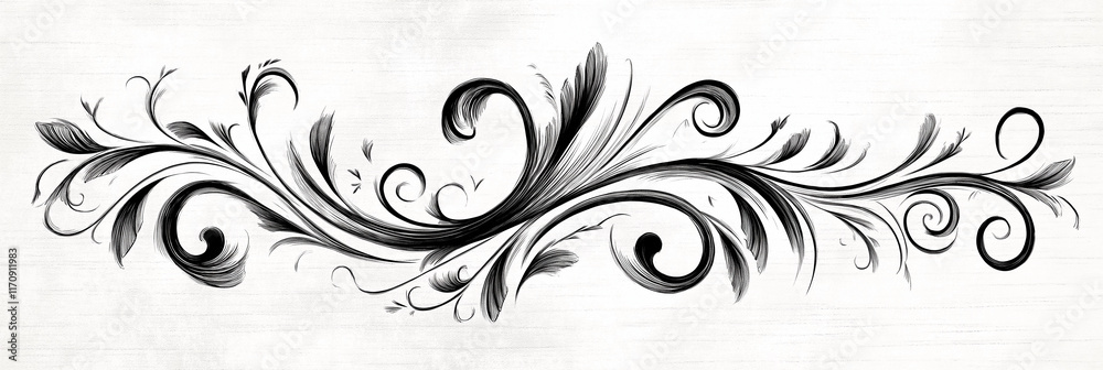 Intricate black swirl motif with flowing floral patterns on a white textured background, ideal for artistic and elegant designs