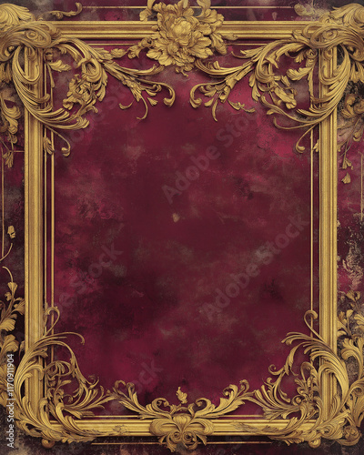 Wallpaper Mural Ornate golden frame with intricate floral and scroll details on a deep red textured background, ideal for vintage designs Torontodigital.ca