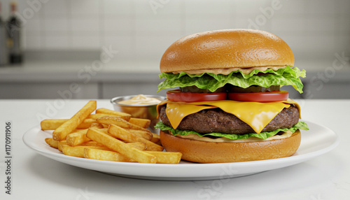 A juicy cheeseburger with lettuce, tomato, and cheddar, paired with crispy fries, served on a white plate in a cozy kitchen setting.