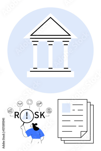 Classic bank building icon, person analyzing risks with magnifying glass, and stacked papers. Ideal for finance, governance, audits, legal framework, compliance, risk management and documentation