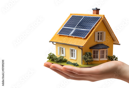 Hand holding miniature house model with solar panel on roof