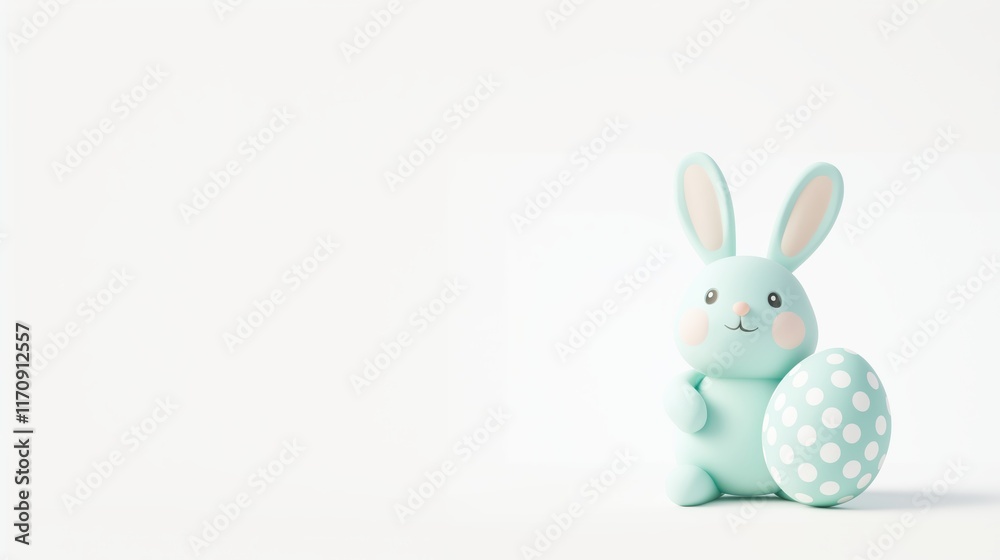 Obraz premium Cute Mint Green Easter Bunny with Polka Dot Egg on White Background