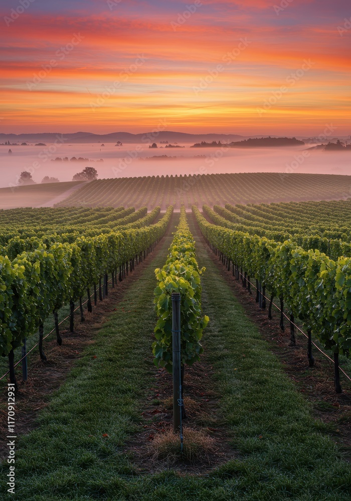 Fototapeta premium Majestic vineyard sunrise over rolling hills and lush vines in misty valley