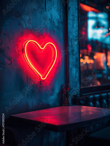 Neonherz an einer Wand in einem stilvollen Café

