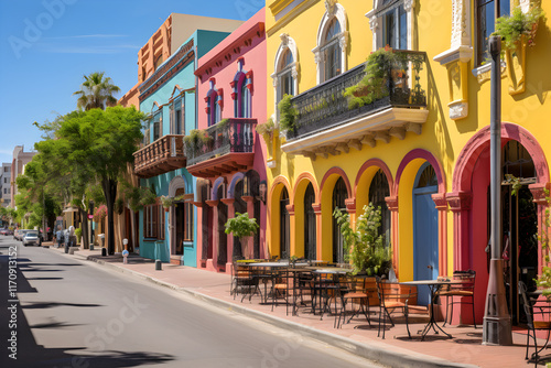 Bustling Streetscape with Vibrant Architecture and Cobblestone Roads under Cheery Blue Skies. photo