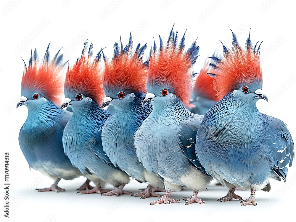 Fototapeta premium Flock of Victoria Crowned Pigeons Goura victoria stunning group vibrant blue crests captured in a walking formation isolated on white for exotic designs