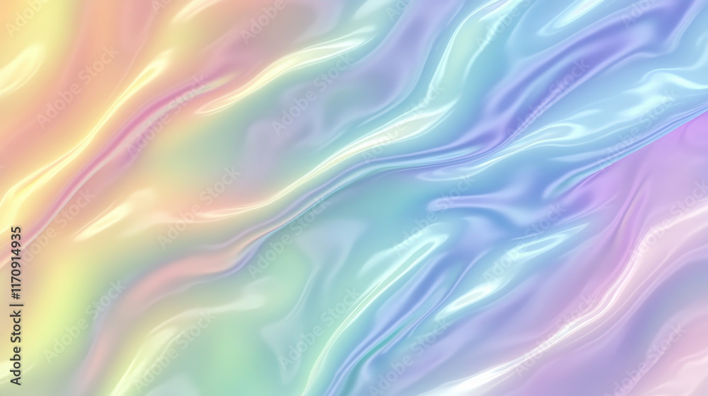 Obraz premium Pastel Rainbow Silk Drape: Dreamy iridescent silk fabric with pastel rainbow hues, creating a flowing, ethereal texture. Perfect for backgrounds, designs, or adding a touch of magic to your projects.