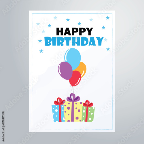 happy birthday card with gifts and ballons cartoon flyer design