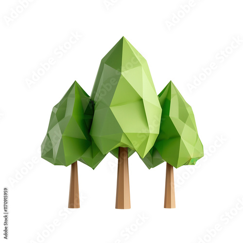 A collection of three stylized, geometric trees with vibrant green foliage and wooden trunks.
