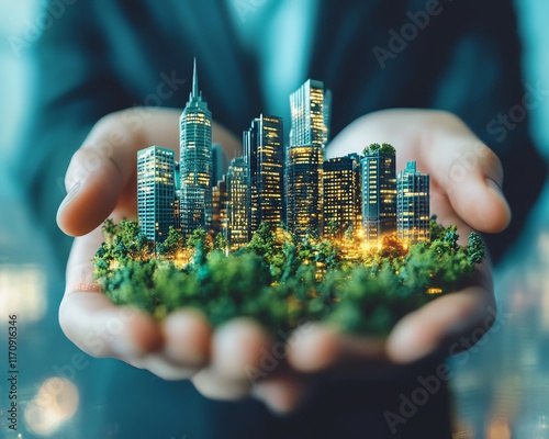 Businessman planning ecoconscious future, green business strategies, sustainable environmental protection, clean technologies, highquality design, ultrarealistic photo