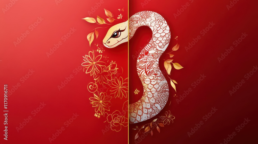 Obraz premium Serpentine Celebration: Elegant Gold and Silver Snake amidst Red Floral Design 