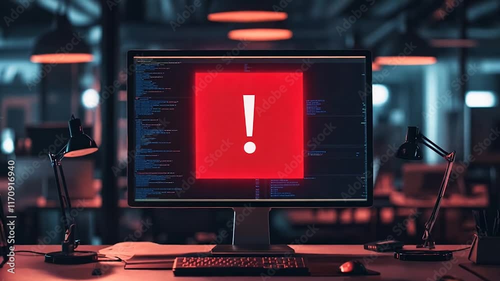 A dramatic depiction of a cybersecurity warning displayed on a computer screen in a dimly lit modern office. The glowing red alert symbol creates a tense atmosphere, emphasizing the critical nature 