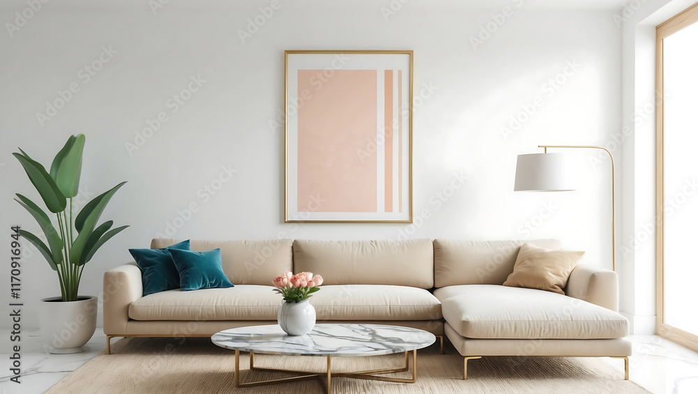 Fototapeta premium Mock up poster frame in Scandinavian style interior. Modern interior design. 