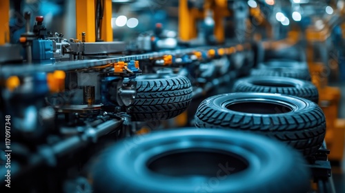A tire manufacturing line showcasing tires in production.