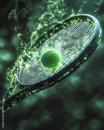 Closeup of a tennis racket striking a green ball, fastpaced court action, crisp textures, highresolution, vibrant colors, cinematic lighting photo