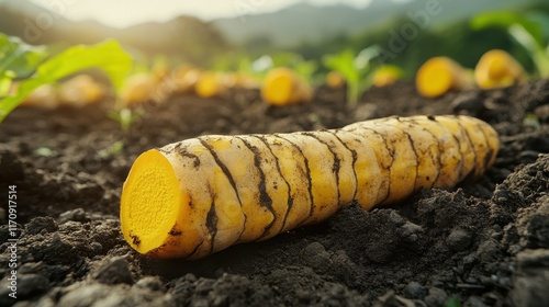 A freshly harvested yellow root vegetable lying in rich soil amidst green plants. photo